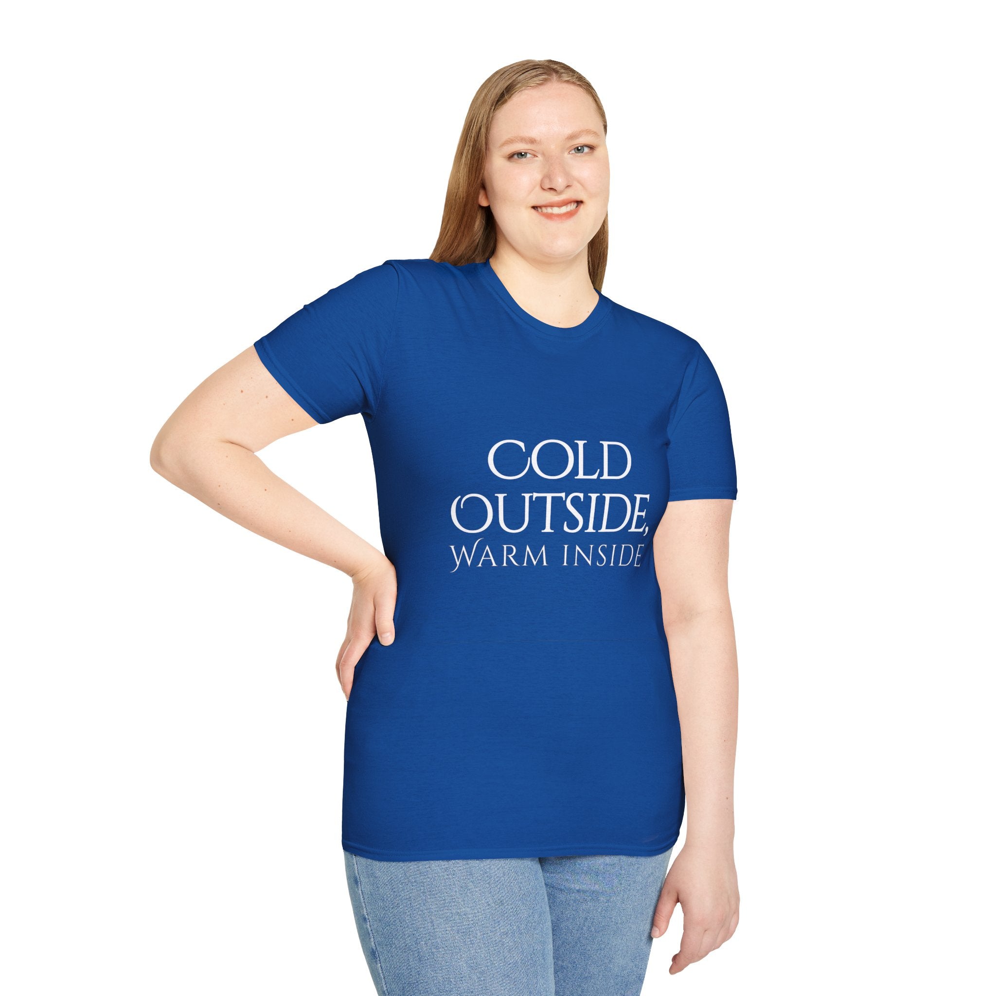 Winter Theme Minimalist Typography Graphic T-Shirt, Cold Outside, Warm Inside Tee