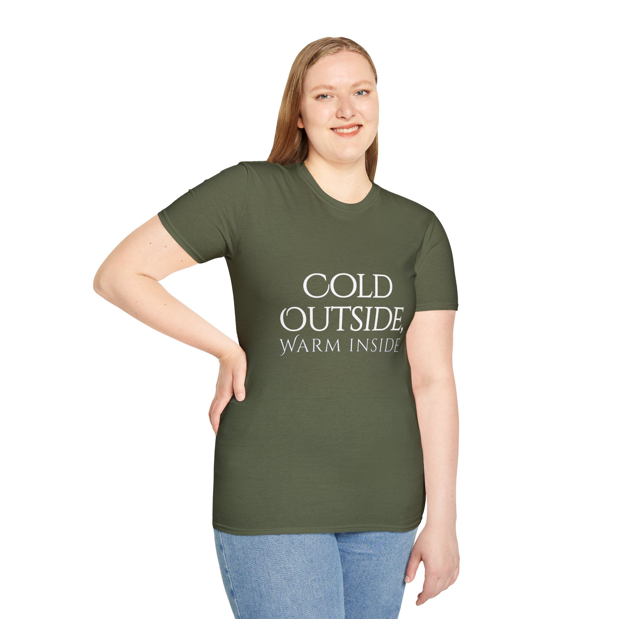Winter Theme Minimalist Typography Graphic T-Shirt, Cold Outside, Warm Inside Tee