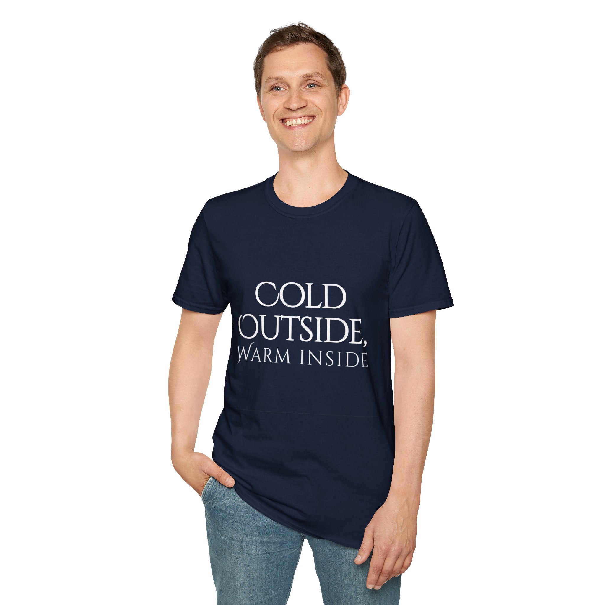 Winter Theme Minimalist Typography Graphic T-Shirt, Cold Outside, Warm Inside Tee