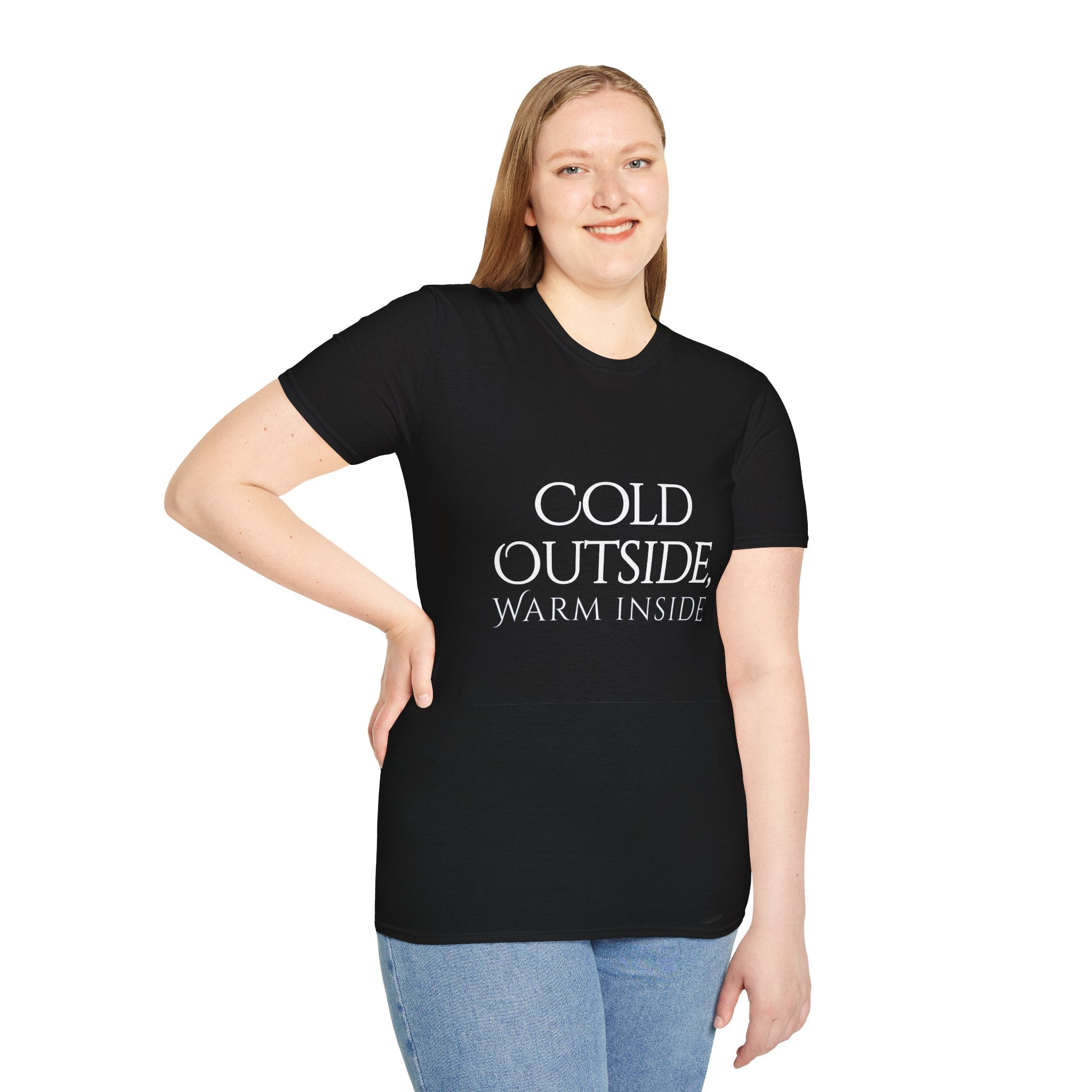 Winter Theme Minimalist Typography Graphic T-Shirt, Cold Outside, Warm Inside Tee