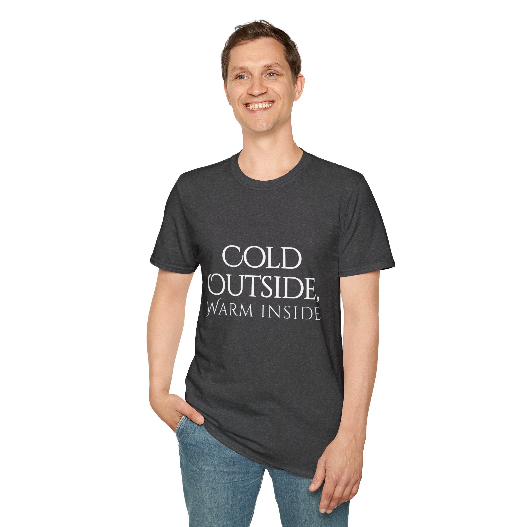 Winter Theme Minimalist Typography Graphic T-Shirt, Cold Outside, Warm Inside Tee