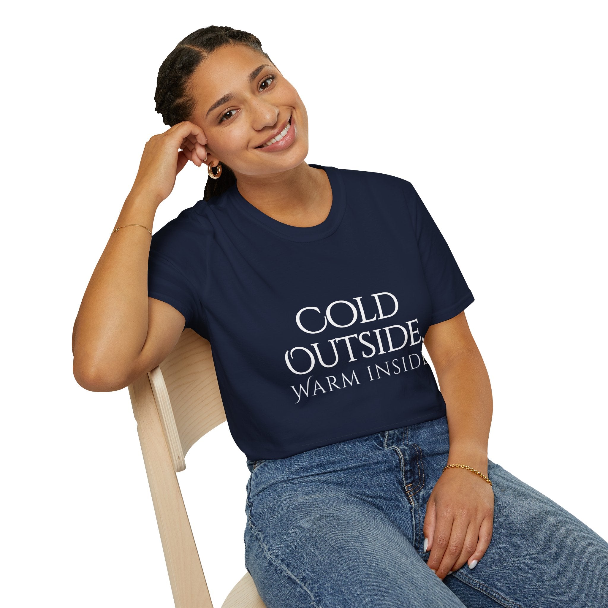 Winter Theme Minimalist Typography Graphic T-Shirt, Cold Outside, Warm Inside Tee