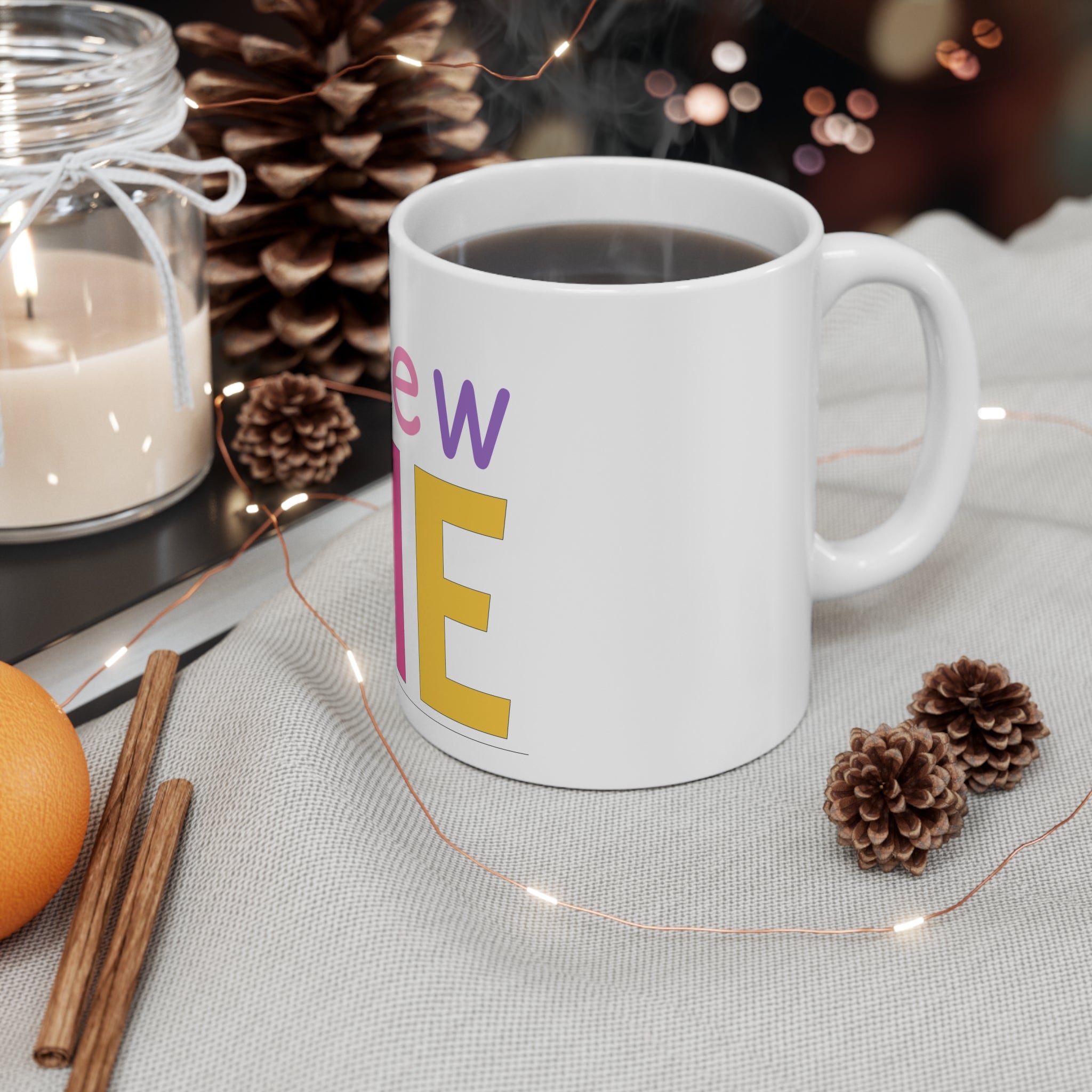 Colorful Typography White Ceramic Mug, Brew Me Graphic Coffee Mug, 11 oz