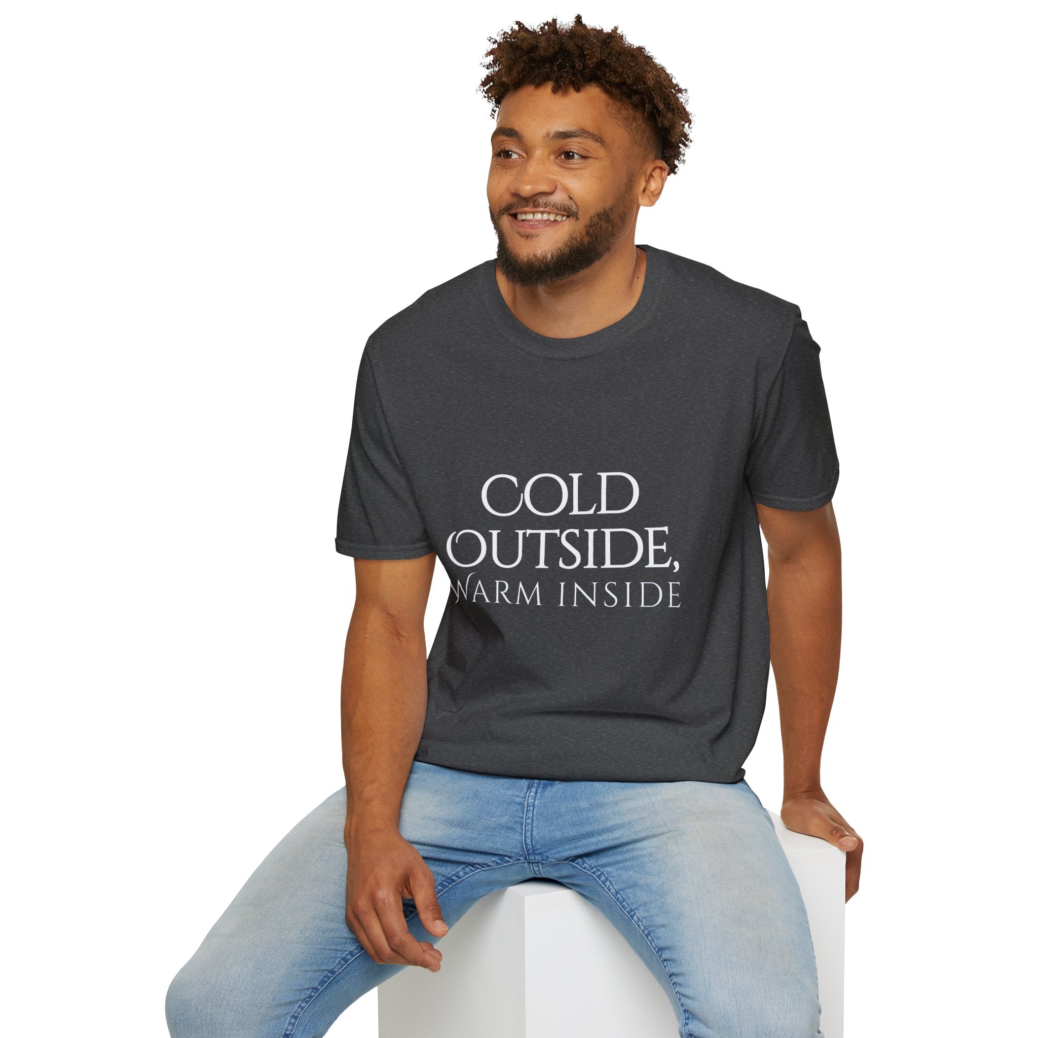 Winter Theme Minimalist Typography Graphic T-Shirt, Cold Outside, Warm Inside Tee