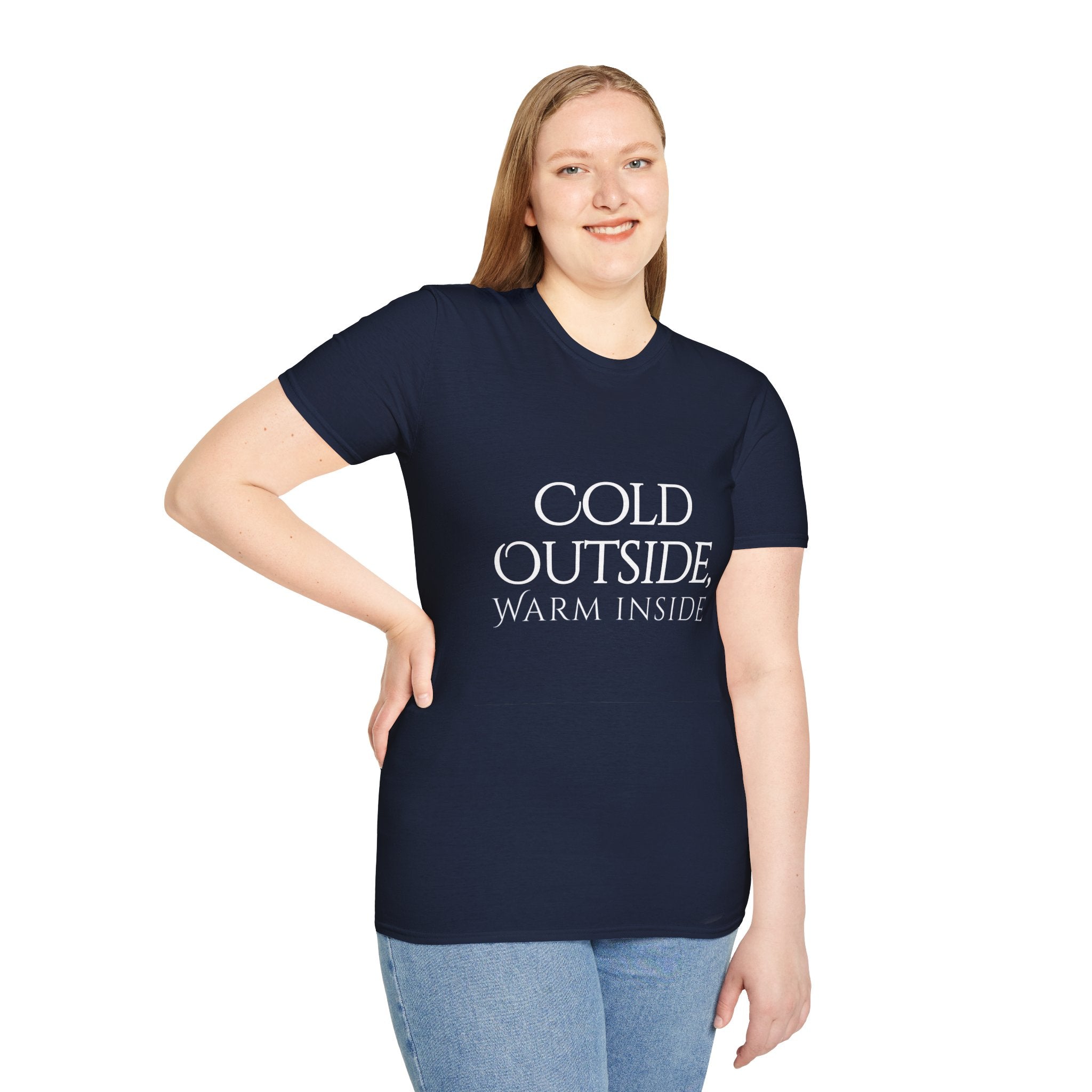Winter Theme Minimalist Typography Graphic T-Shirt, Cold Outside, Warm Inside Tee