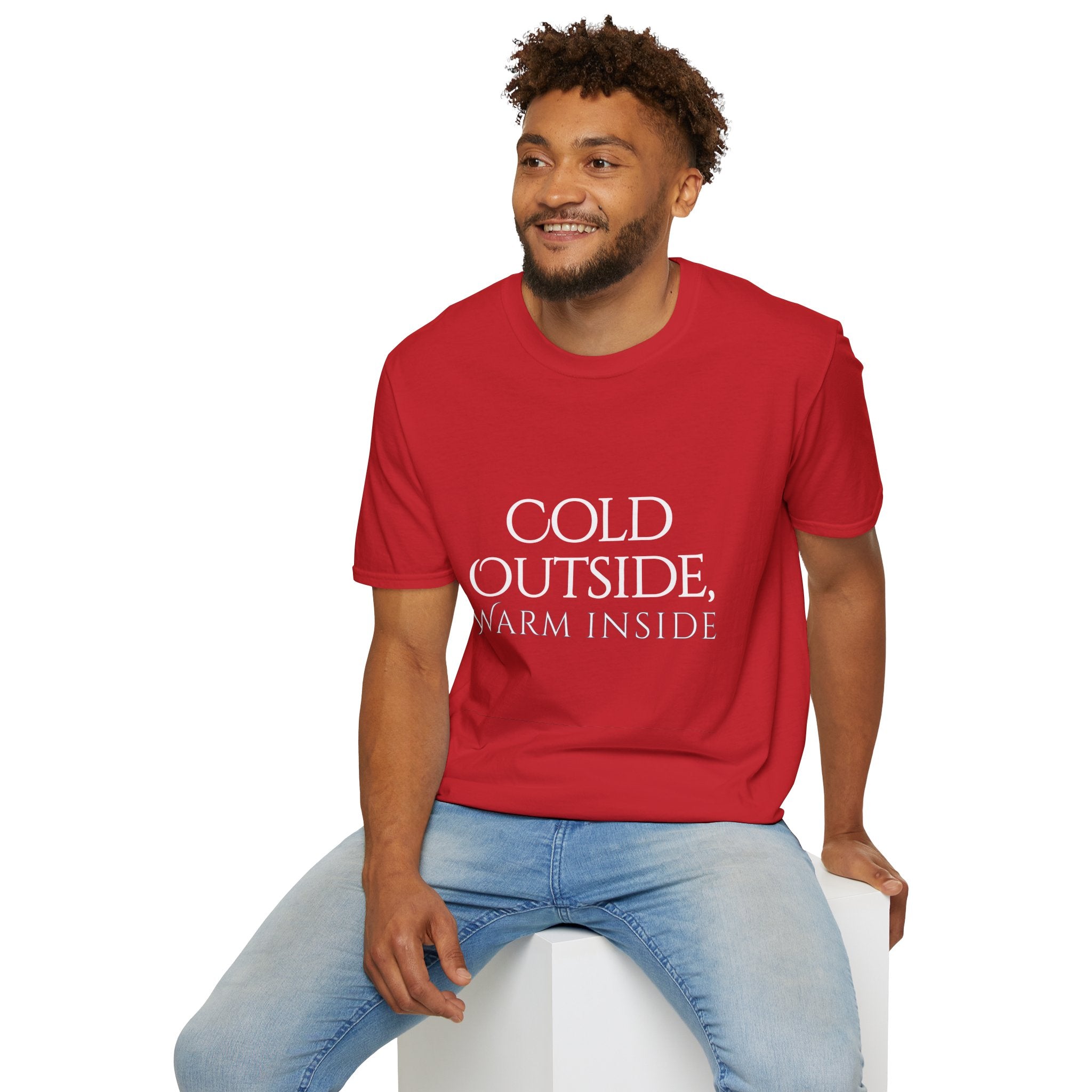 Winter Theme Minimalist Typography Graphic T-Shirt, Cold Outside, Warm Inside Tee