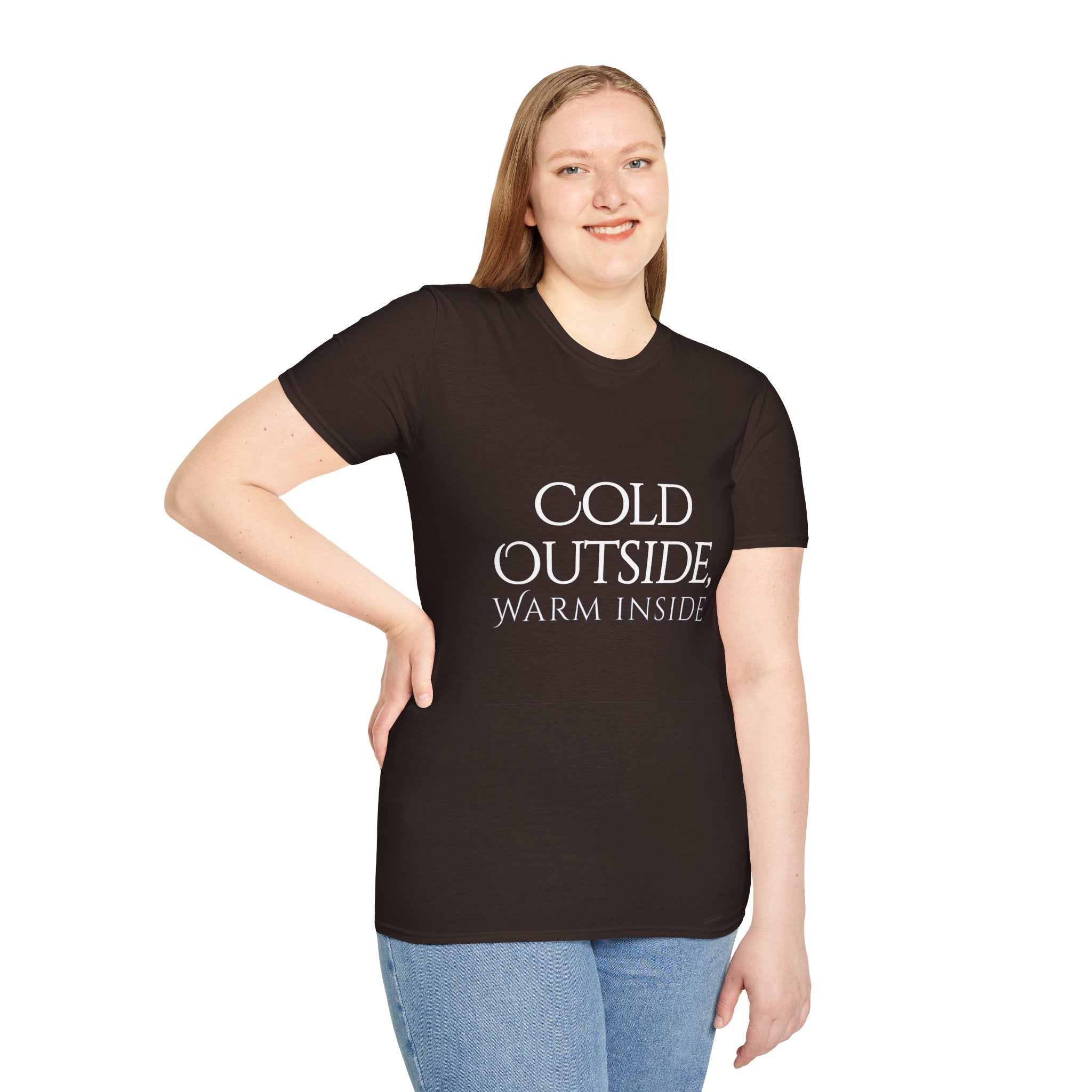 Winter Theme Minimalist Typography Graphic T-Shirt, Cold Outside, Warm Inside Tee