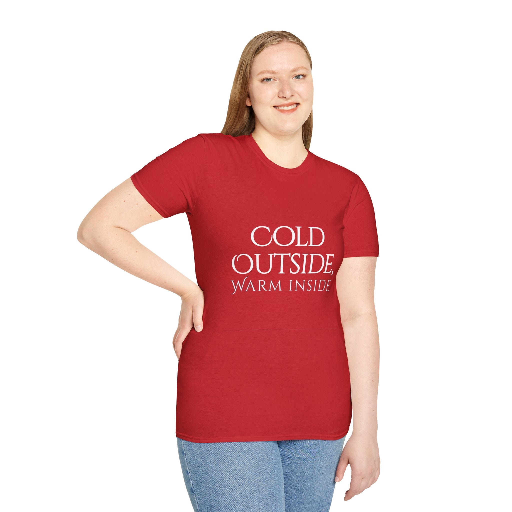 Winter Theme Minimalist Typography Graphic T-Shirt, Cold Outside, Warm Inside Tee